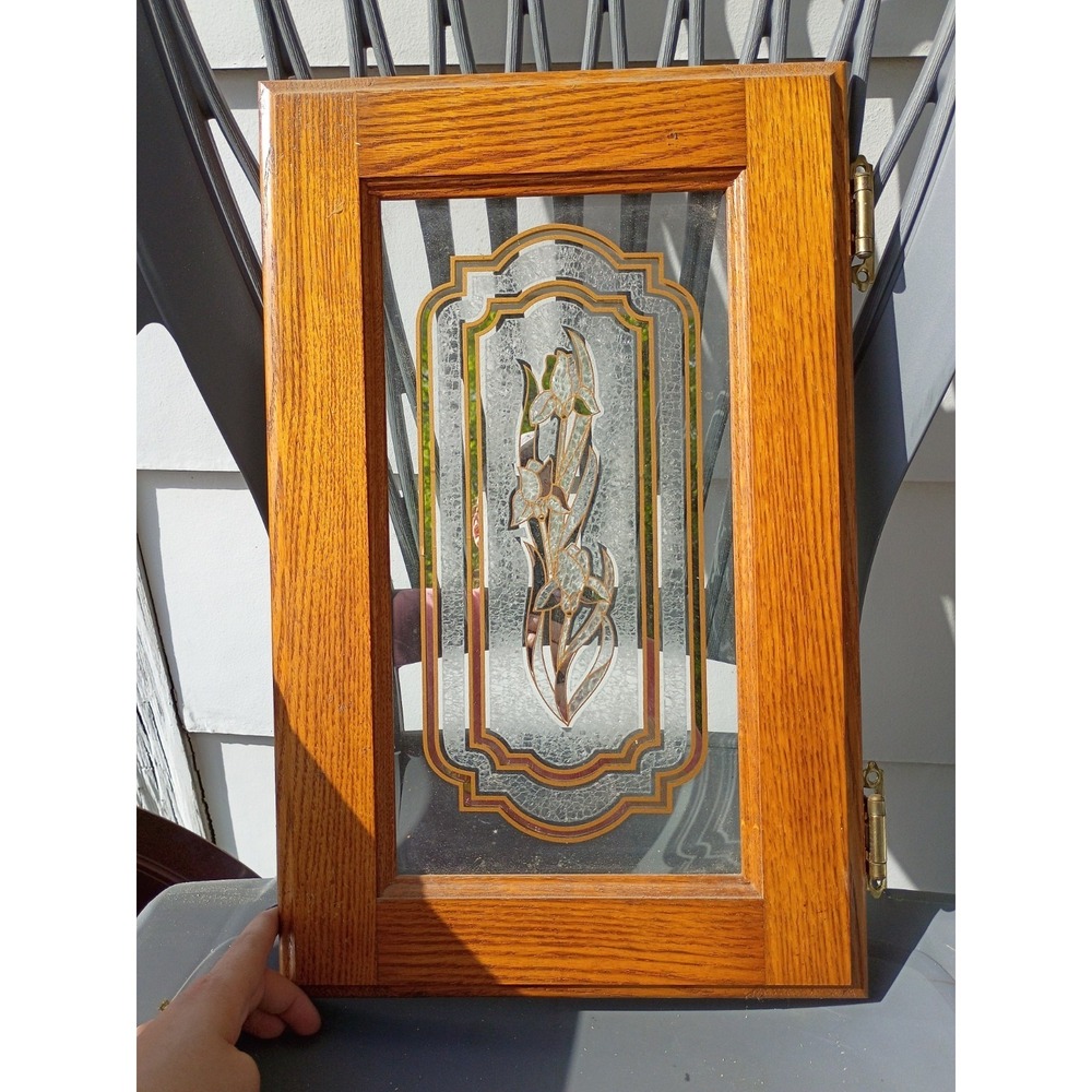 Oak Cabinet Doors Gold Crackled Glass, Etched Bearded Iris 18.5x12inch Right